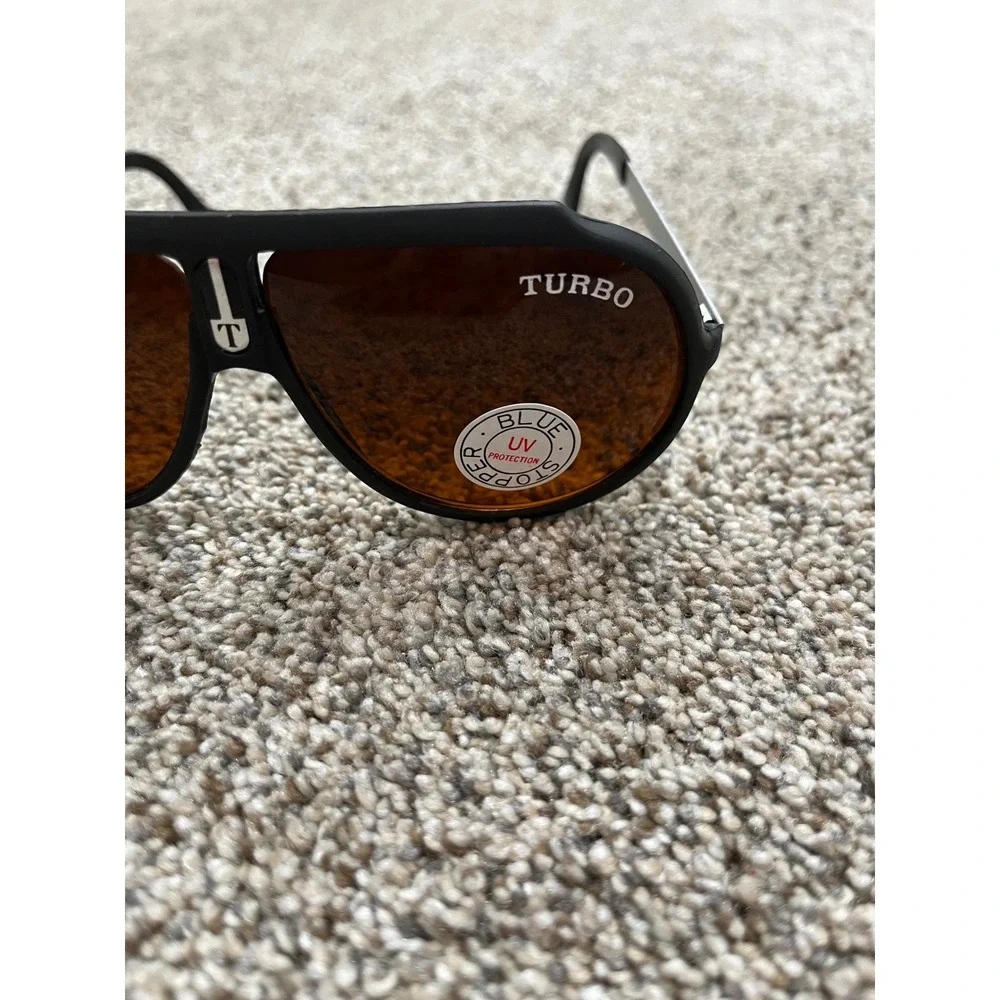 Turbo Vintage Aviator Sunglasses Matte Black Amber Lens UV Blue Light Block NEW